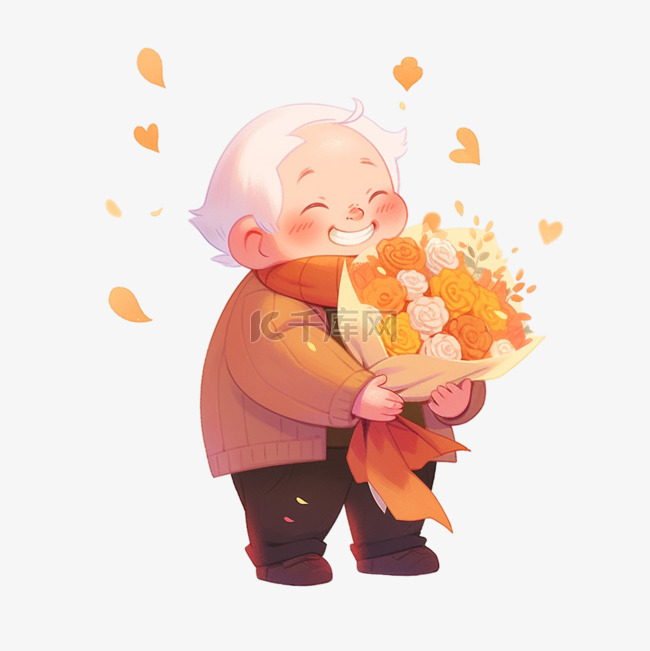 感恩节卡通手绘老人抱着献花元素
