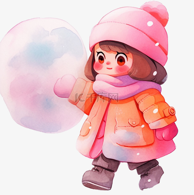 冬天手绘可爱女孩拿雪球卡通元素