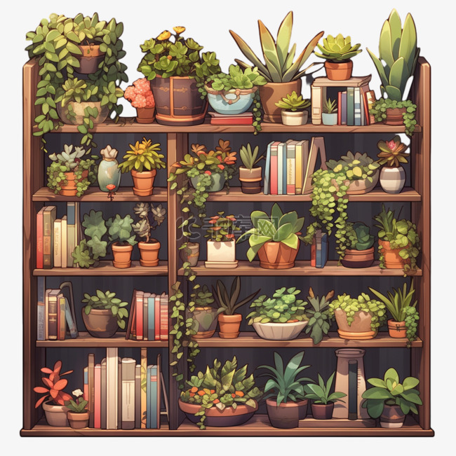 书架摆放植物元素立体免扣图案