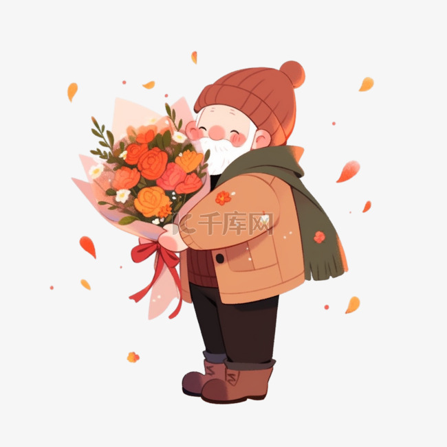 感恩节卡通老人抱着献花手绘元素