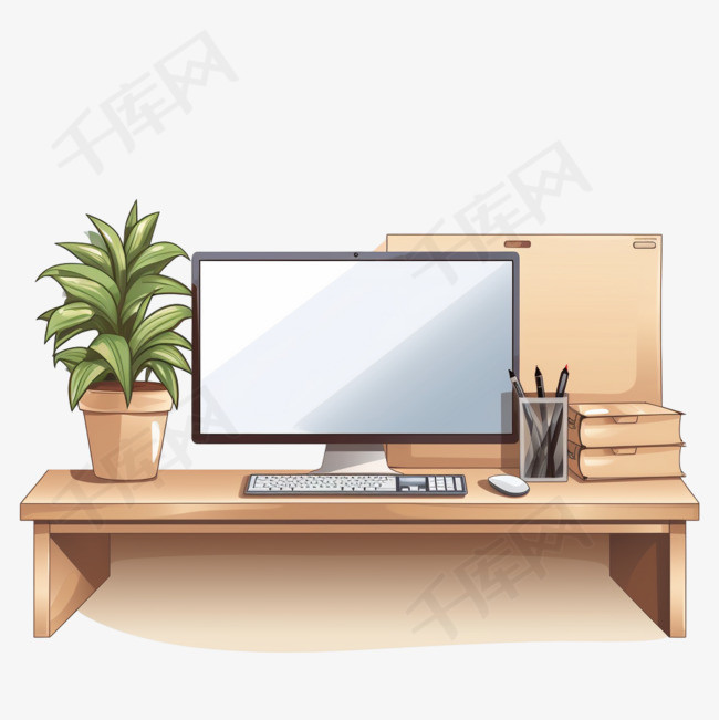 一张带有电脑显示器和键盘的木桌