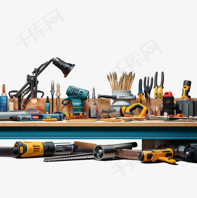 一张放着许多不同类型工具的桌子