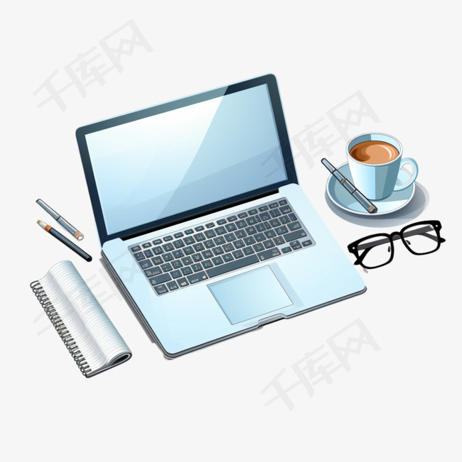 一张有笔记本电脑、笔、眼镜和笔