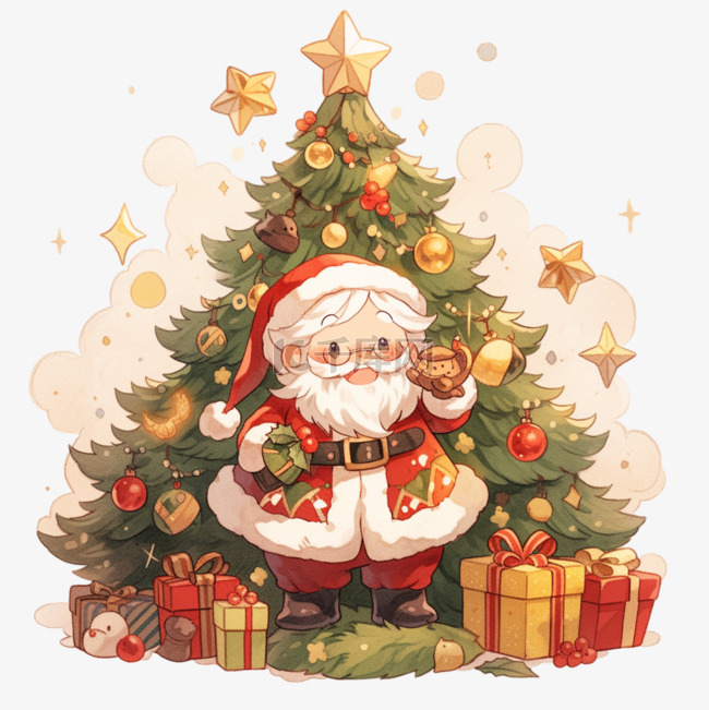圣诞节卡通圣诞老人圣诞树手绘元