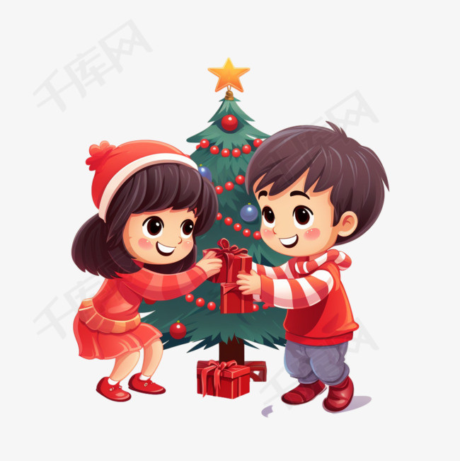装饰圣诞树的女孩和男孩