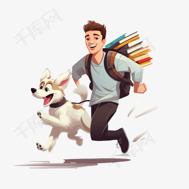 学生带着一摞书和一条狗跑