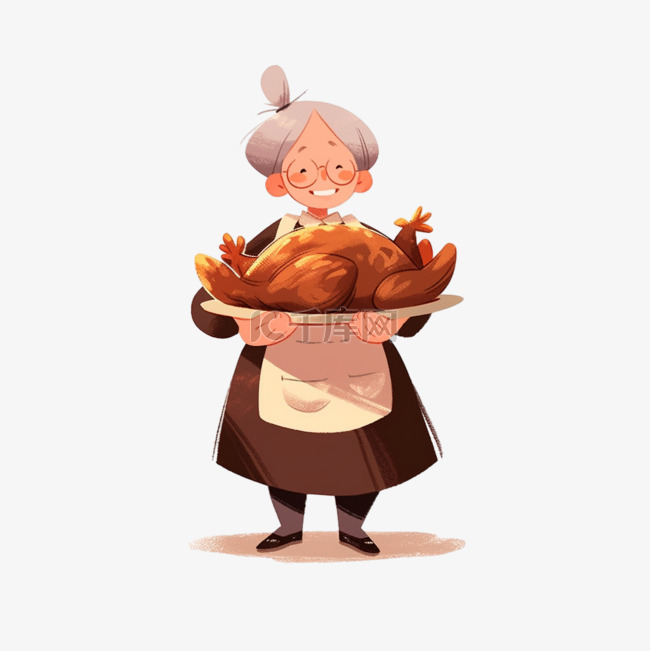 卡通感恩节母亲拿着烧鸡手绘元素