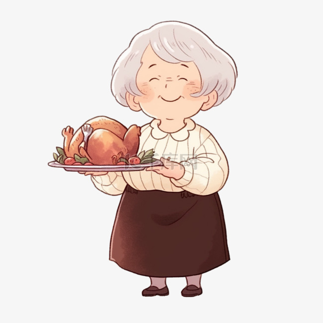 母亲拿着烧鸡卡通手绘元素感恩节