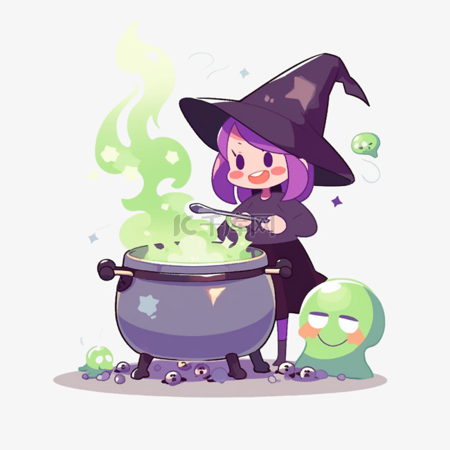 万圣节女巫煮汤手绘元素卡通