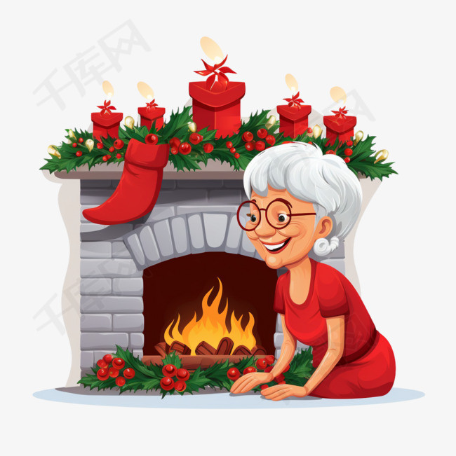 祖母在圣诞节装饰壁炉与花环的红