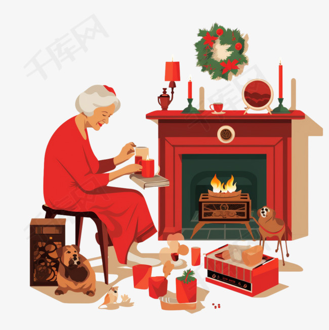 祖母在圣诞节装饰壁炉和听音乐唱
