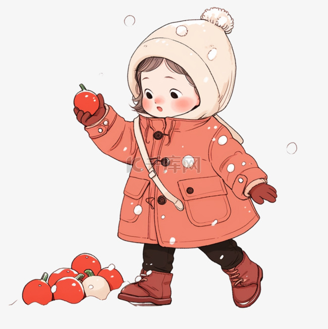 冬天可爱孩子卡通拿着柿子手绘元