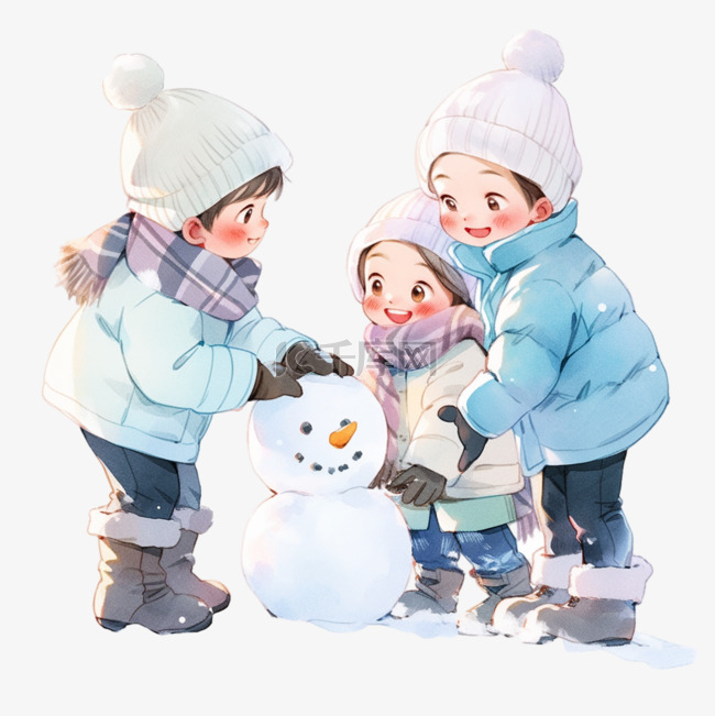 冬天家人堆雪人手绘元素卡通