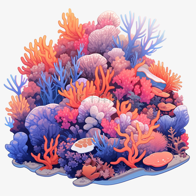 珊瑚彩色手绘元素立体免扣图案