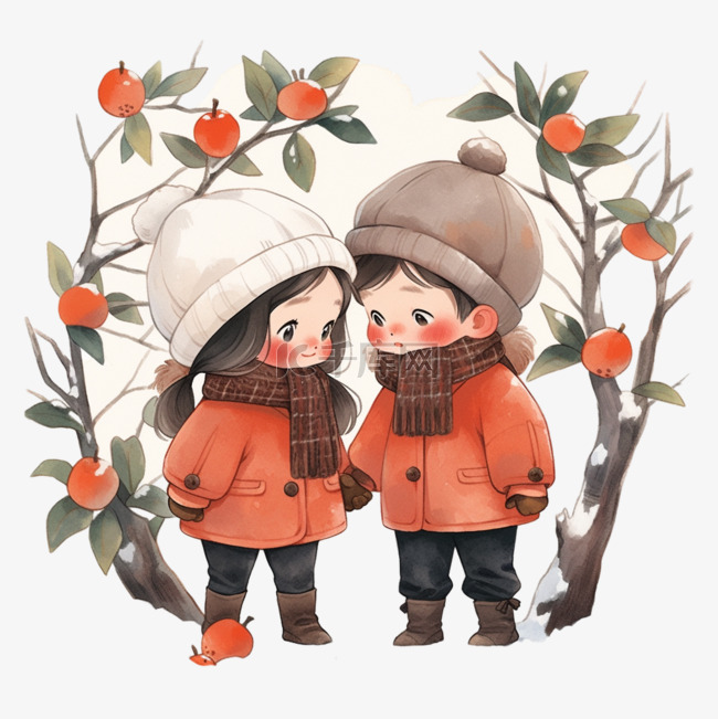 冬天可爱的孩子柿子树手绘元素卡