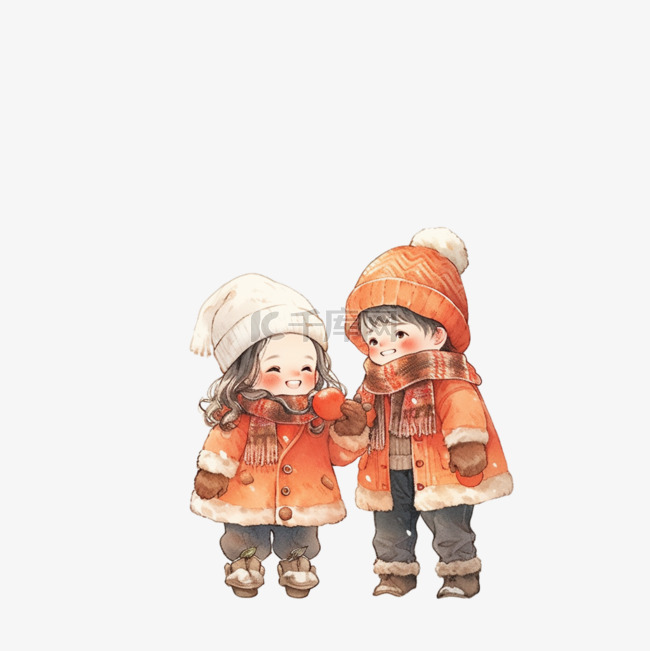 冬天手绘可爱的孩子柿子树卡通元