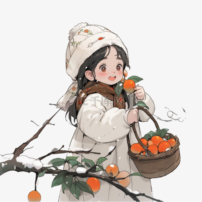 卡通冬天女孩拎着柿子手绘元素