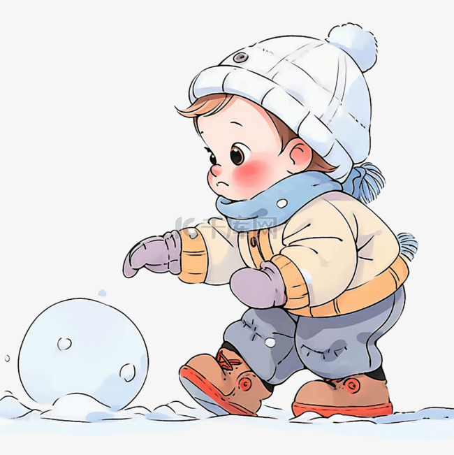 手绘冬天可爱孩子滚雪球卡通元素