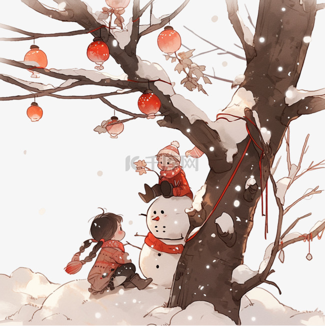 冬天元素柿子树下孩子玩耍卡通手