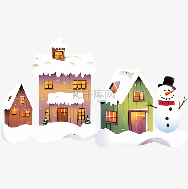 手绘冬天可爱雪人木屋卡通元素