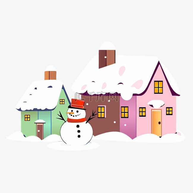 可爱雪人木屋卡通冬天手绘元素