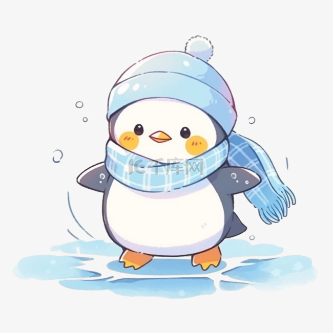手绘元素冬天可爱的企鹅卡通
