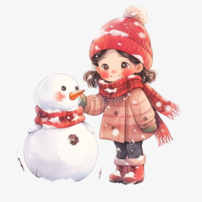 冬天可爱女孩雪人手绘卡通元素