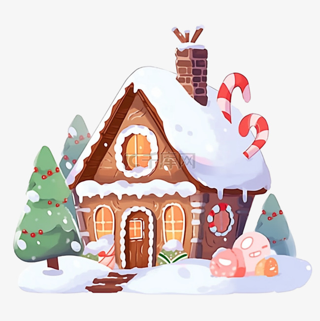 冬天覆盖雪的卡通糖果屋手绘元素
