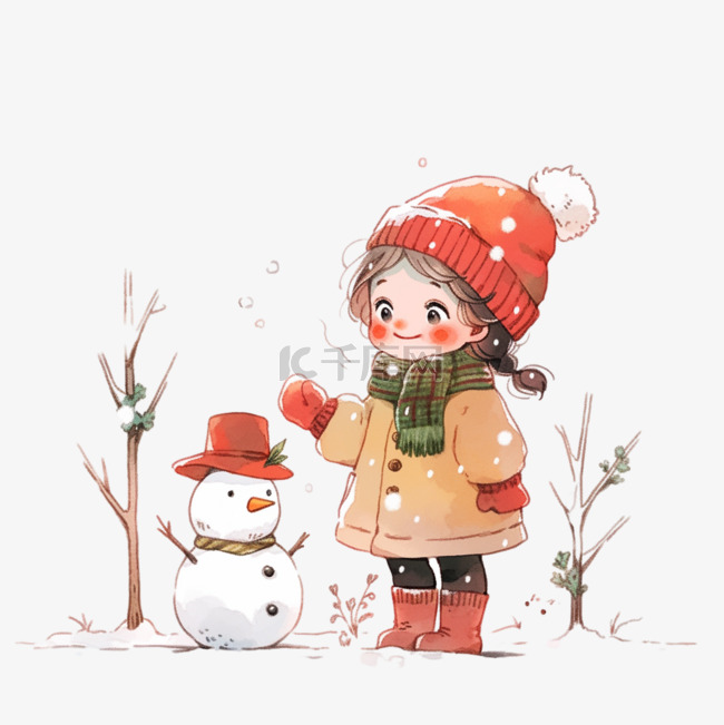 冬天可爱女孩雪人卡通手绘元素