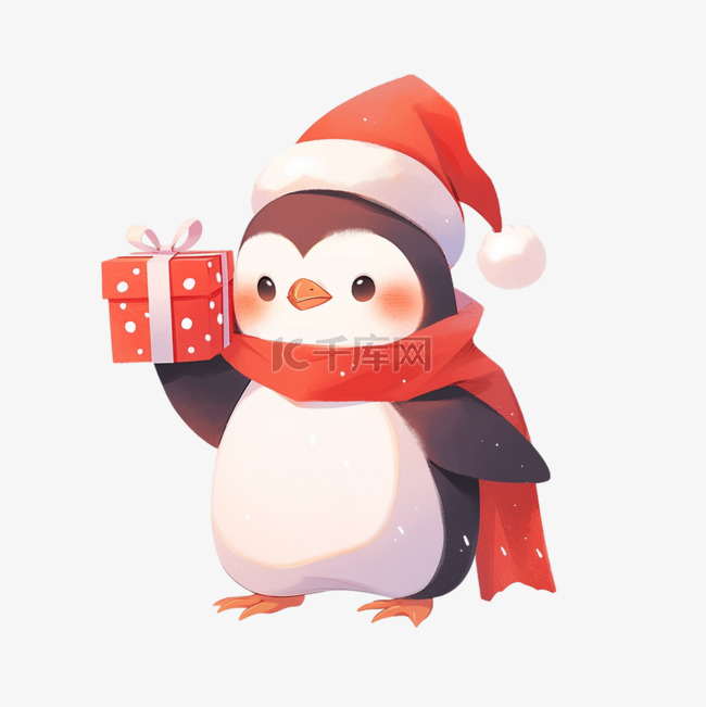 冬天可爱的企鹅卡通拿着礼物手绘