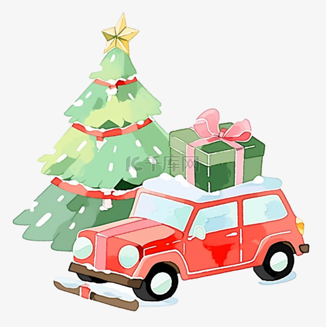 圣诞节手绘元素小车拉礼物圣诞树