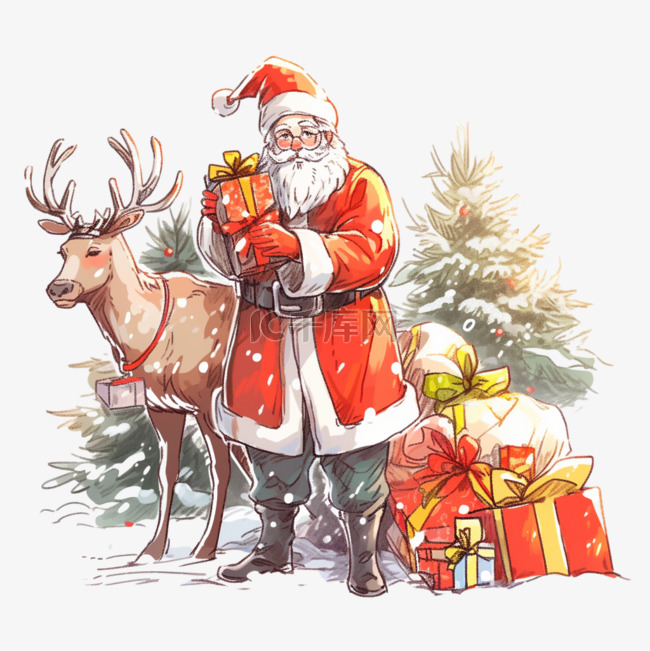 圣诞节圣诞老人小鹿松树手绘元素