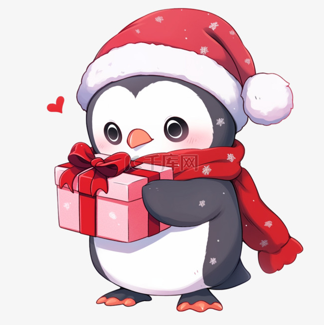 卡通冬天可爱的企鹅拿着礼物手绘