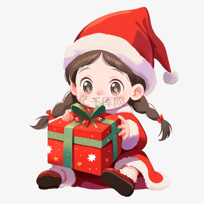 圣诞节手绘元素可爱女孩抱着礼盒