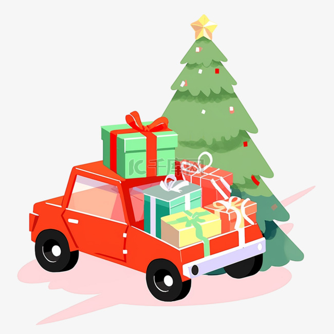 卡通圣诞节小车拉礼物圣诞树手绘