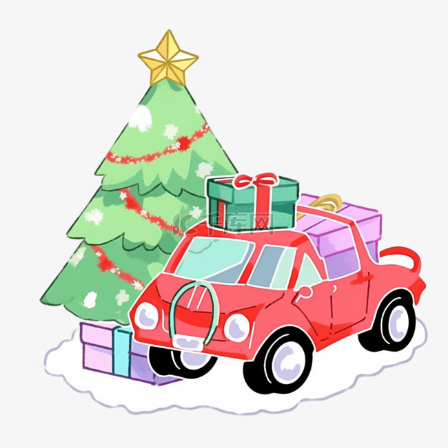 圣诞节手绘小车拉礼物圣诞树卡通