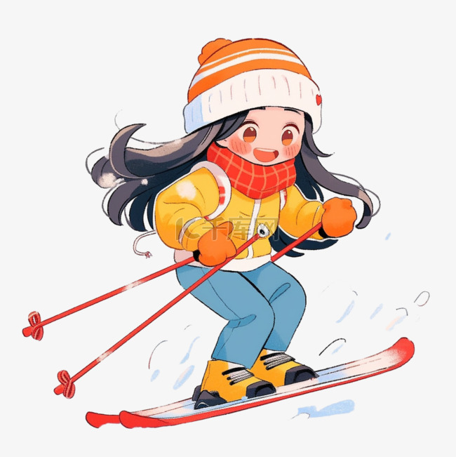 女孩滑雪冬天卡通手绘元素