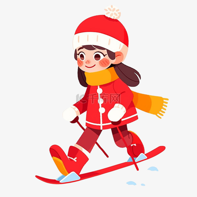 冬天可爱女孩手绘元素滑雪卡通