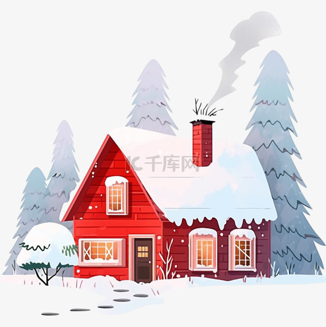 红色的雪屋树木冬天卡通手绘元素