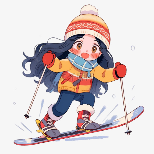 冬天女孩滑雪卡通手绘元素