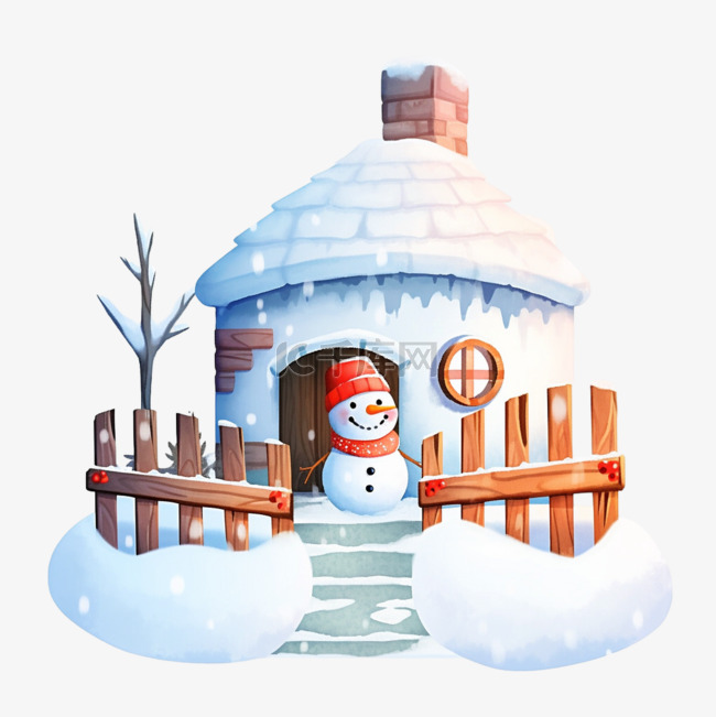 雪屋围栏雪人卡通手绘元素冬天
