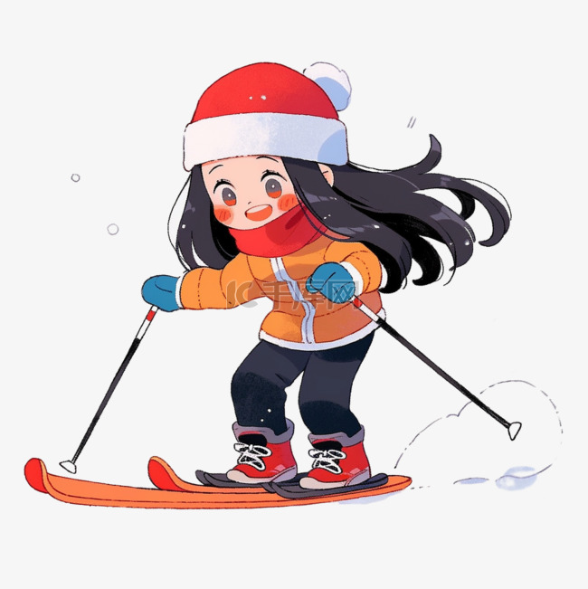 卡通手绘冬天女孩滑雪元素