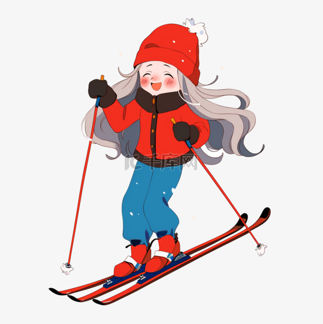 冬天滑雪运动女孩手绘卡通元素