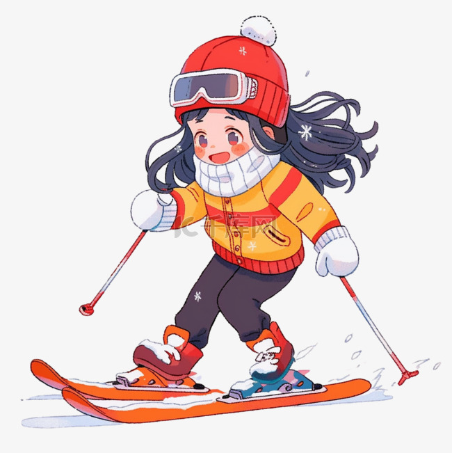 冬天女孩卡通滑雪手绘元素
