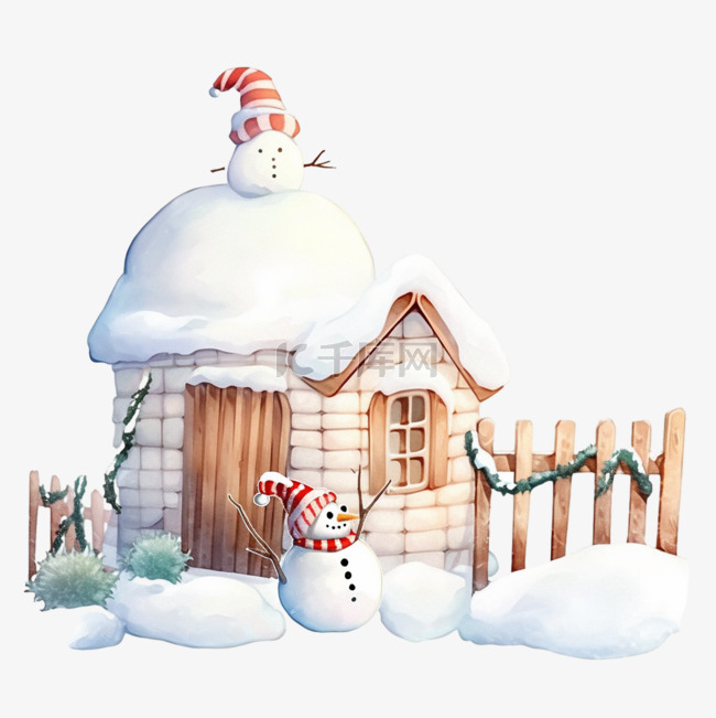冬天卡通雪屋围栏雪人手绘元素