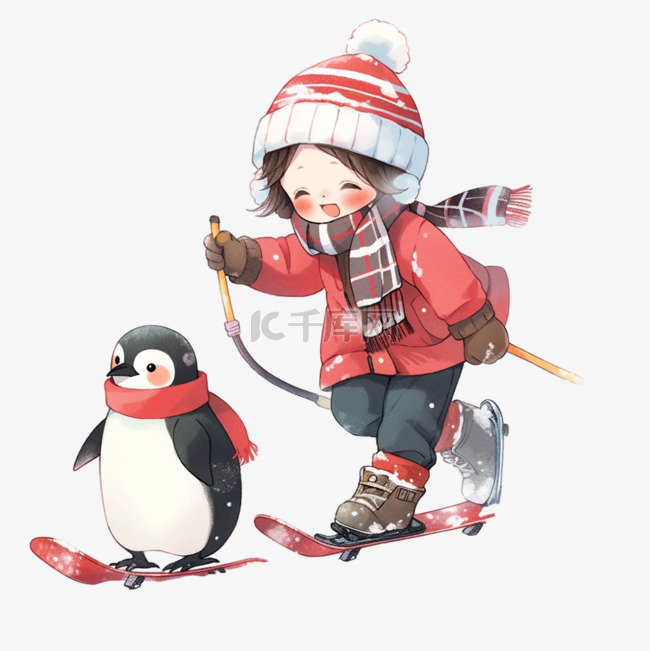 可爱的男孩小企鹅冬天滑雪卡通手
