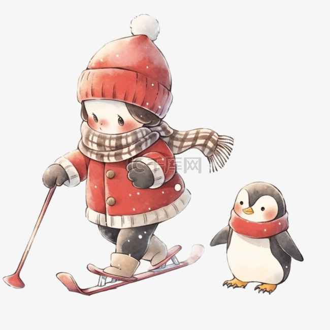 可爱的男孩小企鹅滑雪卡通手绘元