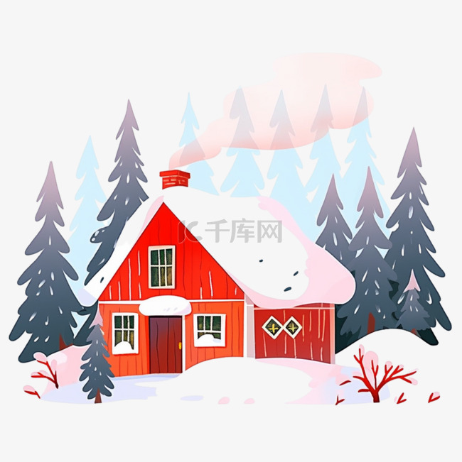冬天红色的雪屋手绘树木卡通元素