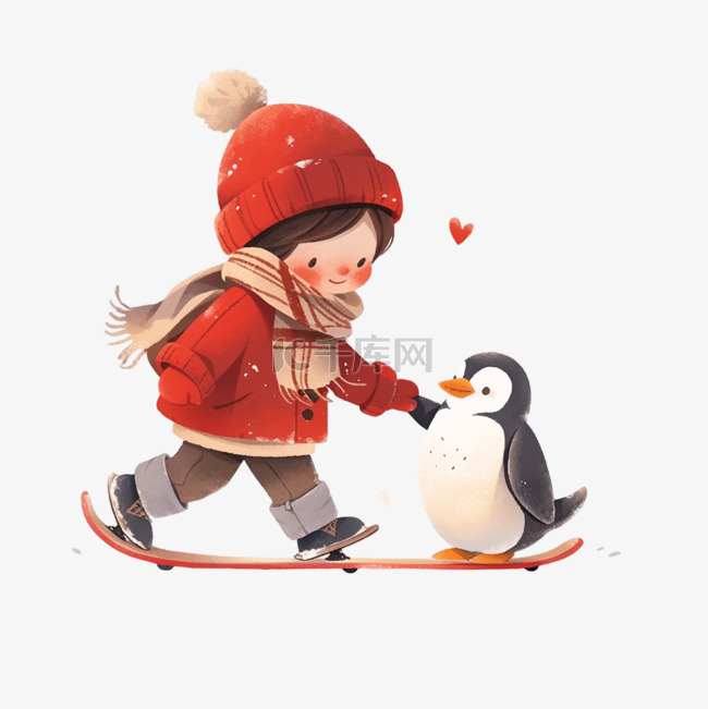 冬天小企鹅滑雪可爱的男孩卡通手