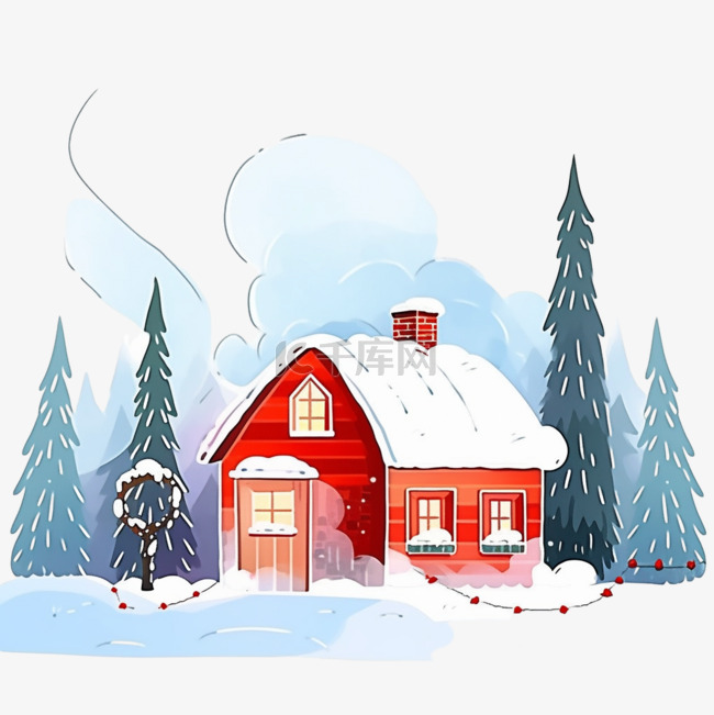 红色的雪屋树木卡通手绘冬天元素